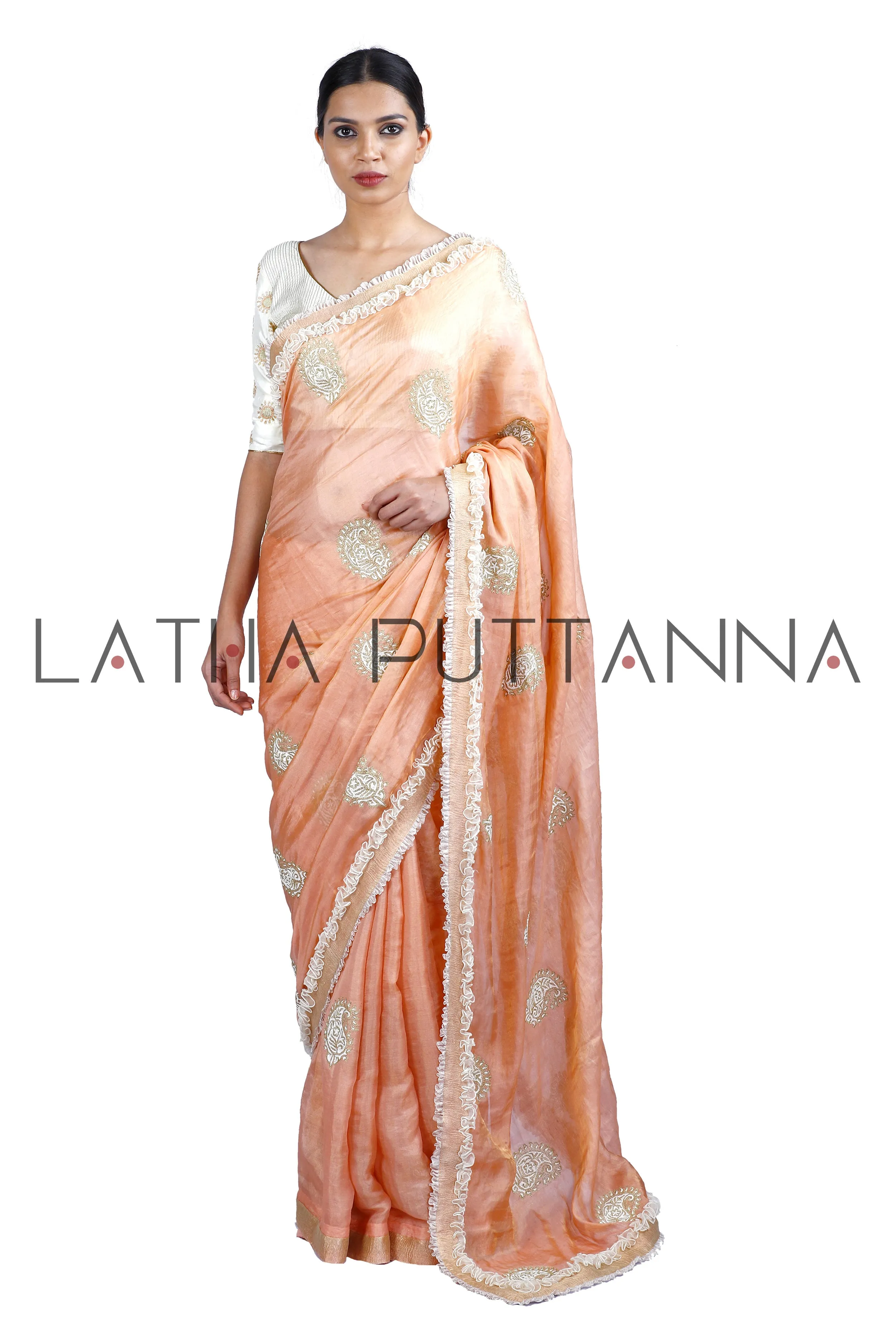 Apsara – Ethereal Peach Tissue with Gold Paisleys