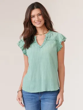 Double Flutter Short Sleeve Ruffle Neck Striped Woven Top