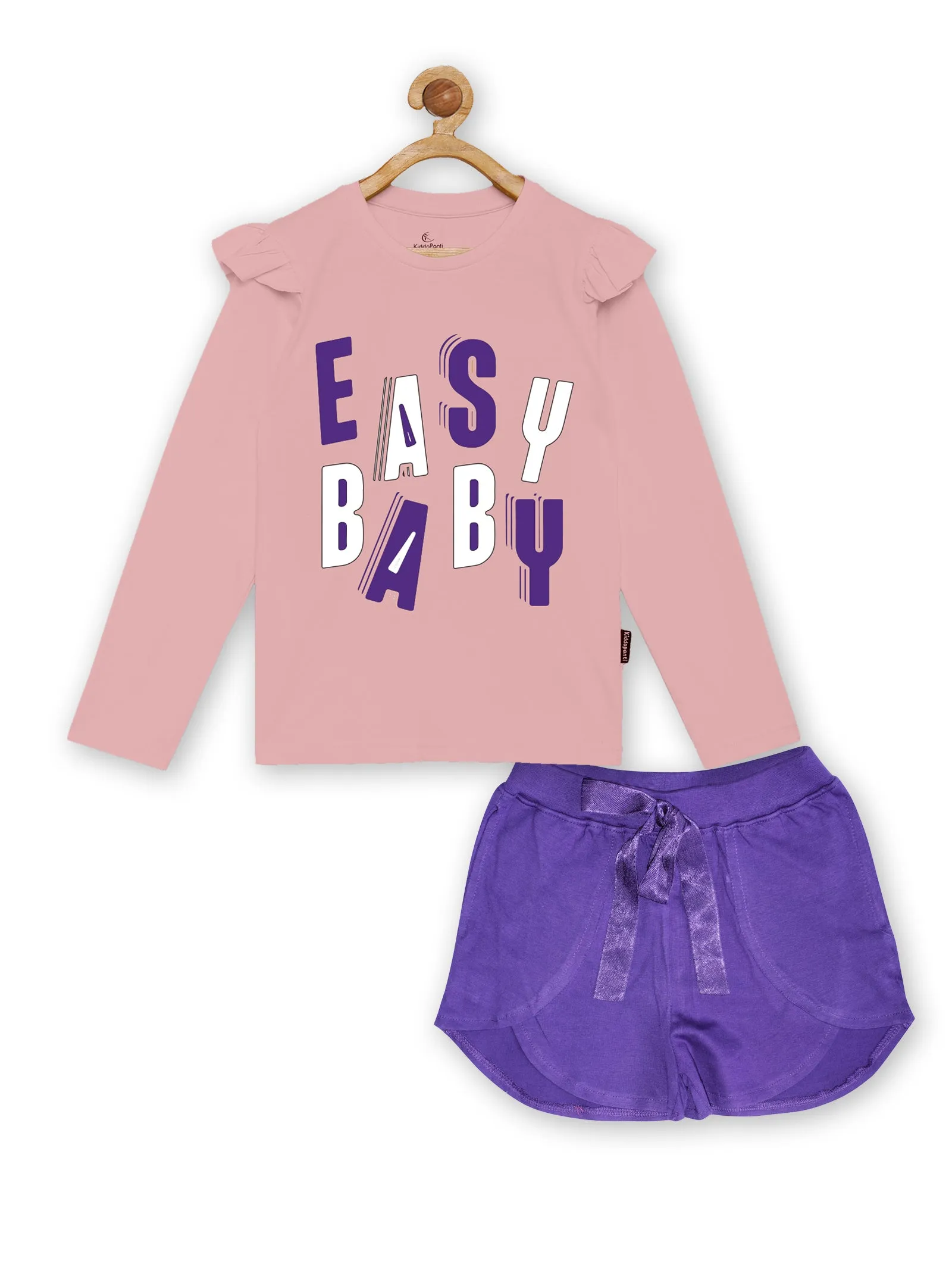 Girls Printed Full Sleeve Tee & Over Lap Shorts Set