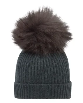 Unisex Ribbed Cashmere Hat With Detachable Pom Anthracite Grey